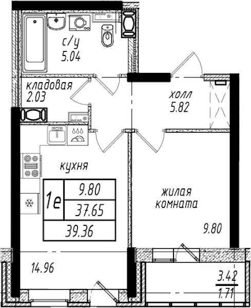 1-комнатная квартира 39.36 м², 10/25 эт., ЖК «Северная Долина»